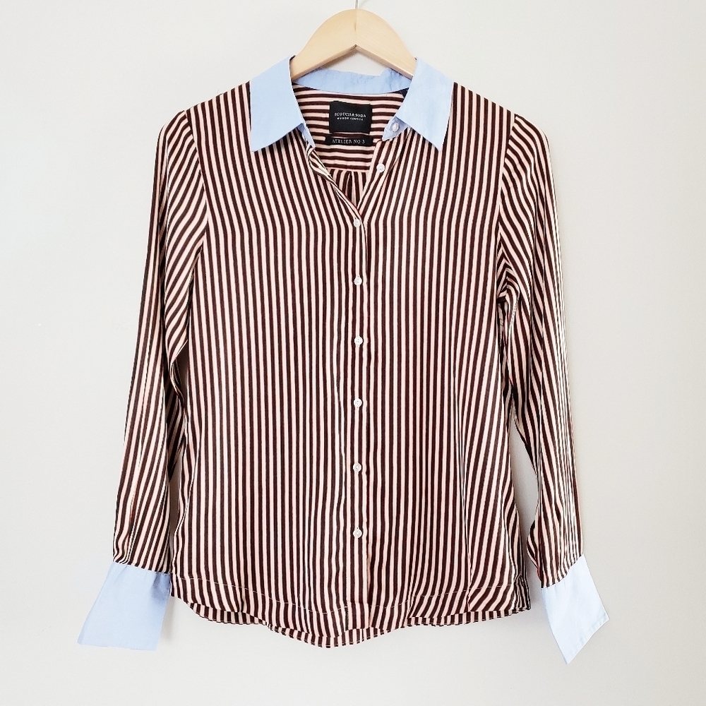 𝅺scotch & Soda Smooth Satin Contrasting Striped Button-Up Shirt